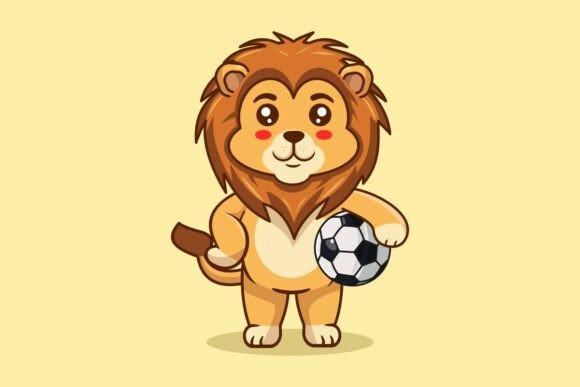 Cute Lion Mascot Holding Soccer Ball Graphics