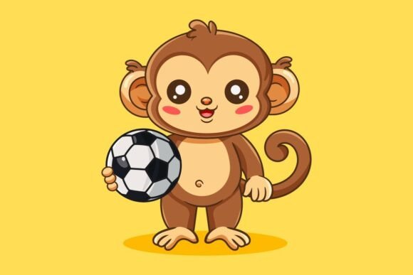 Cute Monkey Holding Soccer Ball Graphics & Illustrations