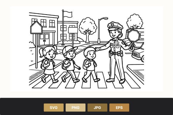 Police Officer Helping Children Cross Graphics and Illustrations